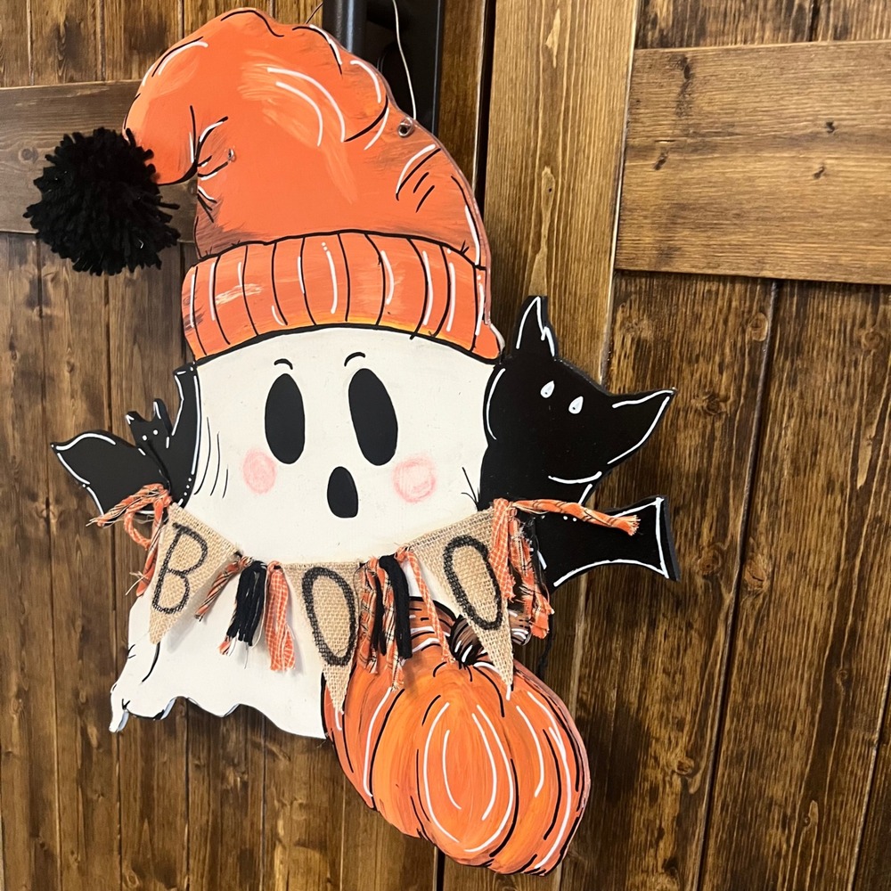Halloween Ghost Wooden Door Hanger Boo Banner Pumpkin Bats Wall Decor 21x19 - Picture 7 of 11